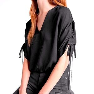 *NWT* Pitch-Black V-Neck Tie-Sleeve Banded-Bottom Blouse by Express